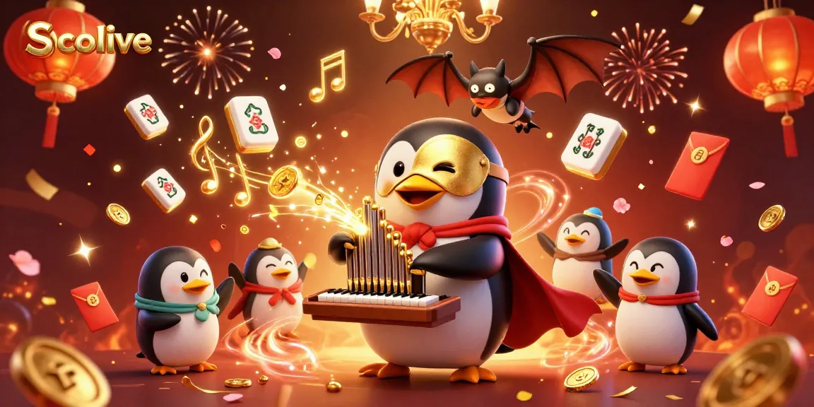 Socolive broadcasts feature a penguin performing on an organ, releasing coins and magical notes.