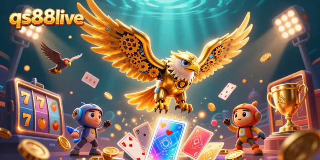 Experience the thrilling qs88live online casino with vibrant gambling elements and a dynamic illustration.