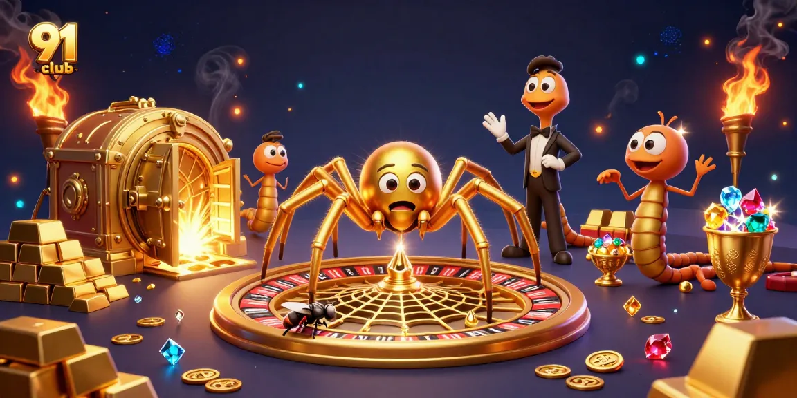 Experience thrilling bets at 91 club with golden spider and roulette web in a vibrant casino scene.