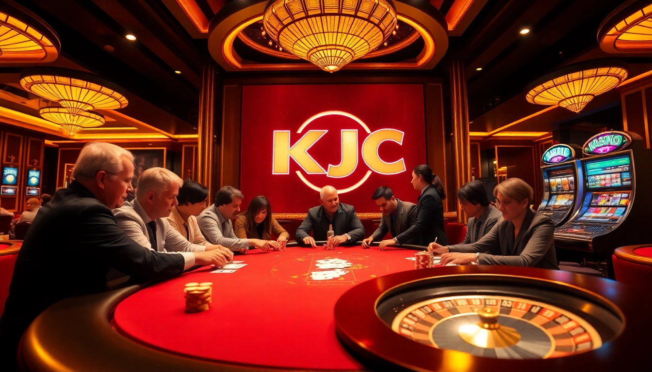 Players enjoying an exhilarating experience at KJC liên minh casino with cards, chips, and a roulette wheel.