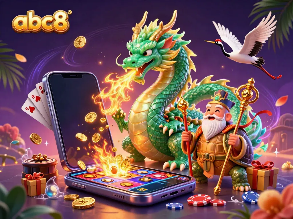 Engage with exciting slot games at abc8, featuring dynamic 3D dragons and colorful casino elements.
