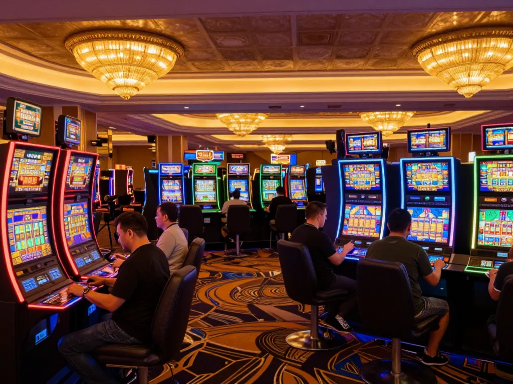 Players enjoying an exciting 888slot game at a colorful casino slot machine area