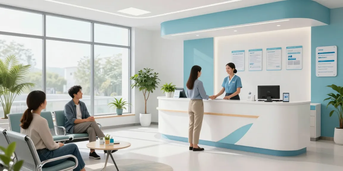 bl555 - Modern health clinic reception area, professional healthcare services, calming environment for patient care.