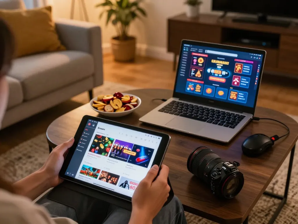 Person using Sunwin app on tablet in a cozy home setting, promoting responsible gambling and seamless entertainment.