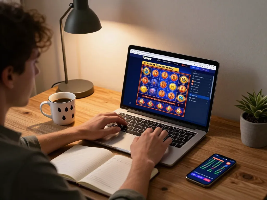 Experience an engaging online casino session with FABET as players strategize betting on vibrant slot games at home.