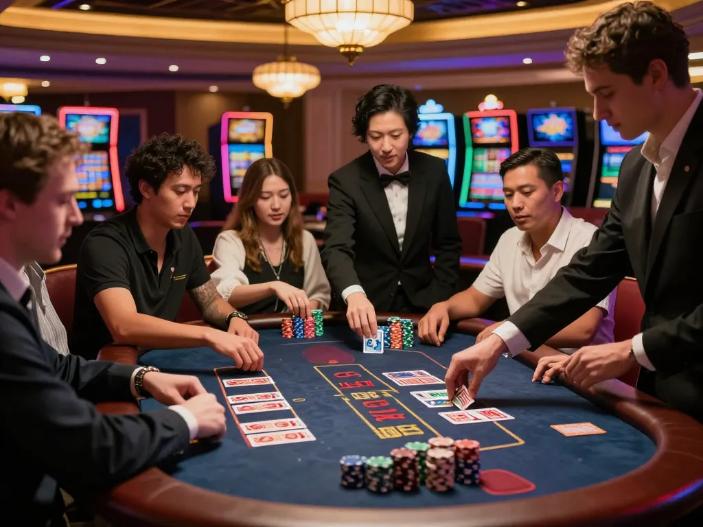 Players at a blackjack table strategizing their bets at da88hq casino, showcasing excitement and engagement.