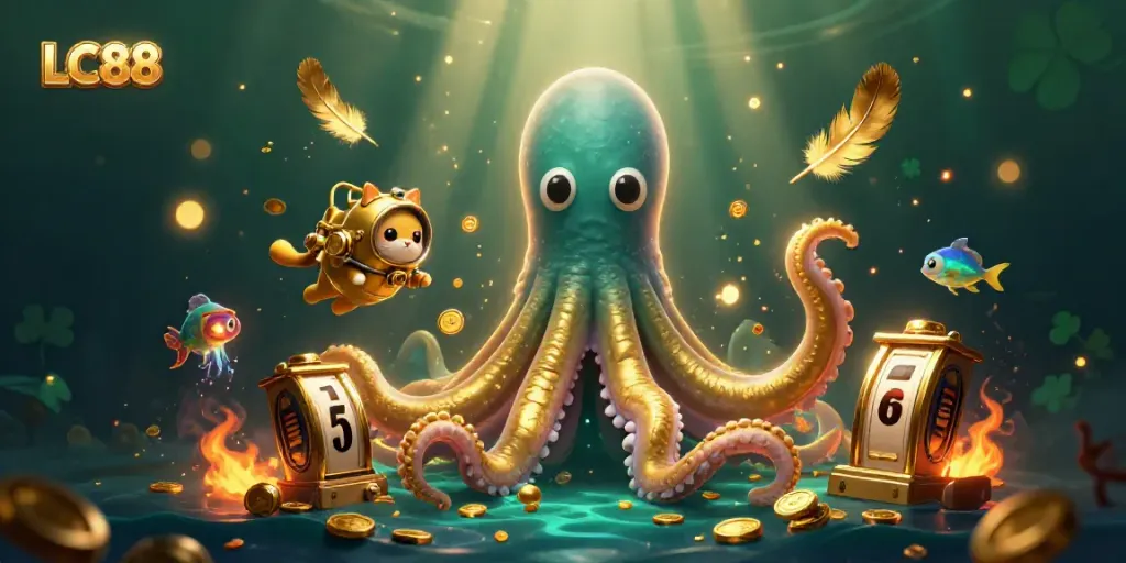 Capture the excitement of LC88 casino with a kraken and diving cat amidst treasure and vibrant gaming elements.