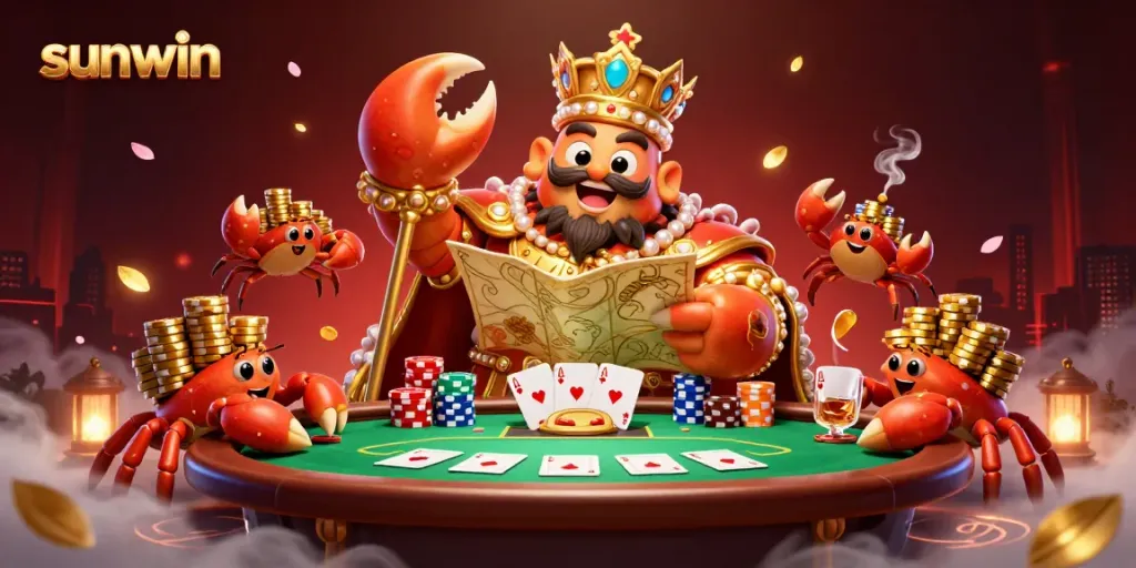 Sunwin showcases an exhilarating scene capturing the excitement of online gambling with a golden crab emperor leading action.