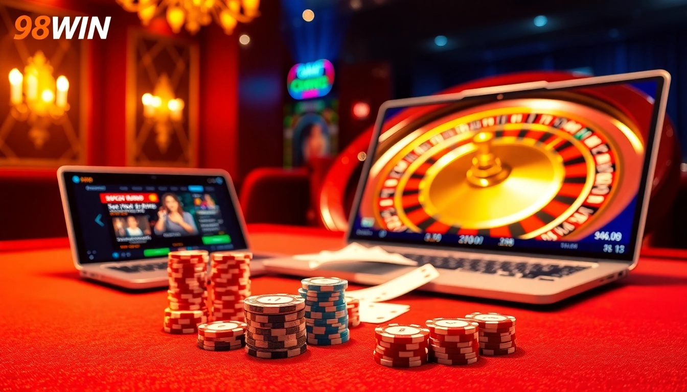 Experience the thrill of gambling at 98WIN casino, featuring vibrant tables, poker chips, and roulette wheels.