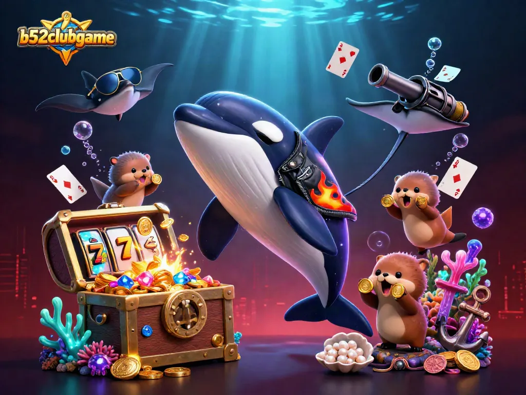 Engage in exciting gameplay with b52clubgame, highlighted by vibrant creatures amidst winning slot machines and rewards.