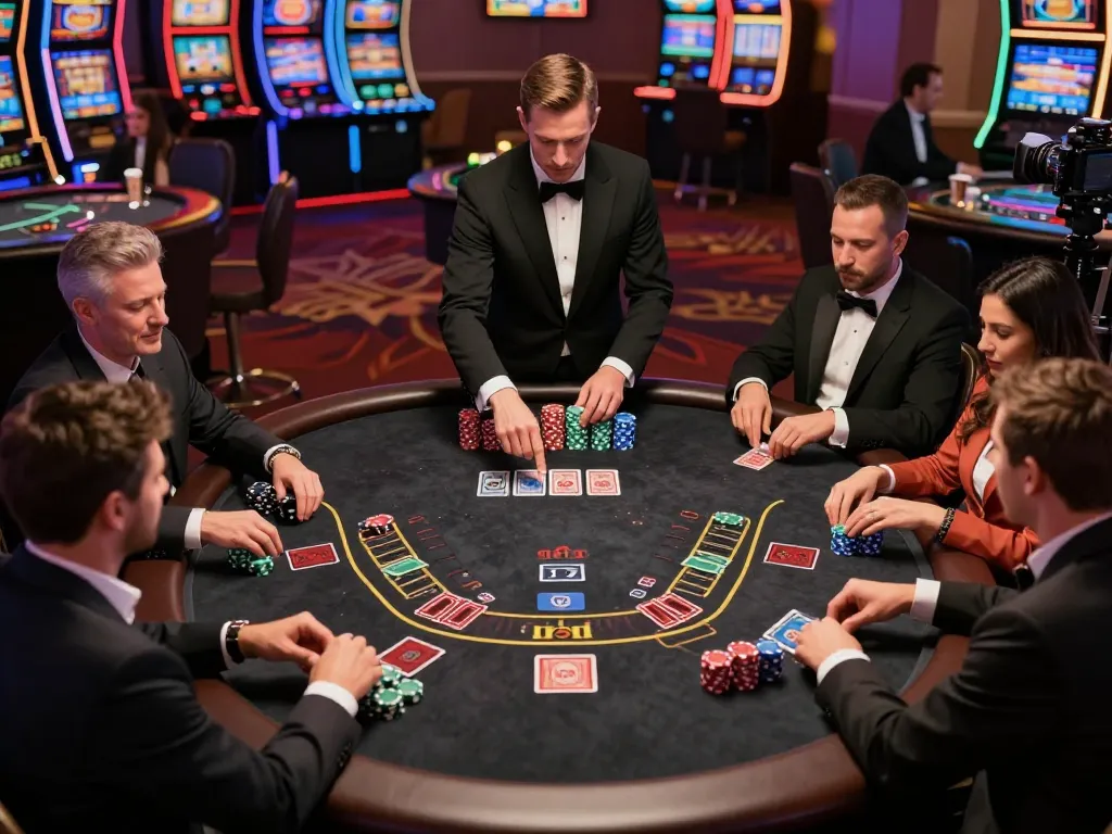 five88cd players strategizing at a blackjack table, engaged in dynamic gameplay with chips stacked high.