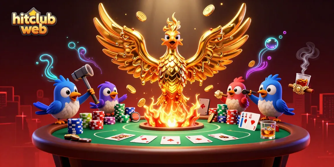Bet on expert strategies at hitclub web, featuring a phoenix rising from golden coins in this vibrant casino scene.