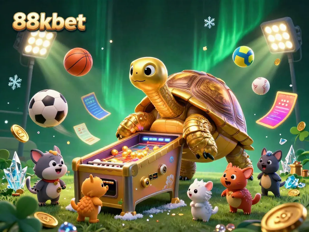Engage with thrilling casino games at 88kbet featuring a colossal golden tortoise and dynamic sports action.