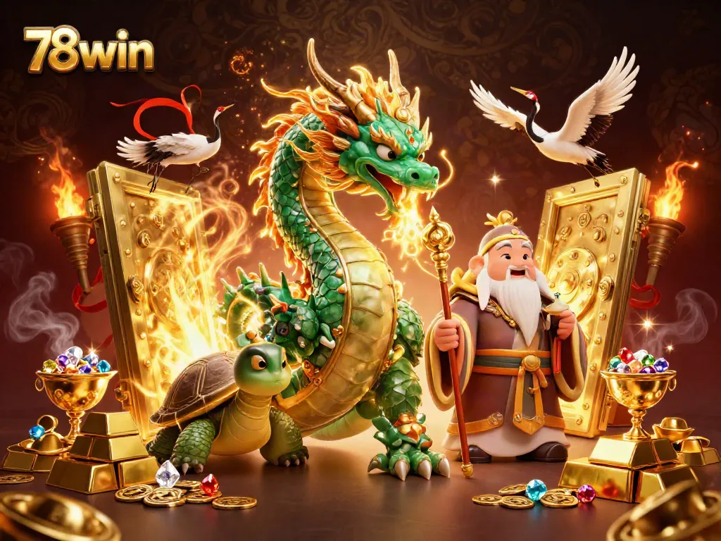 Experience exciting gameplay with 78win featuring a vibrant 3D illustration of a dragon, turtle, and cranes.