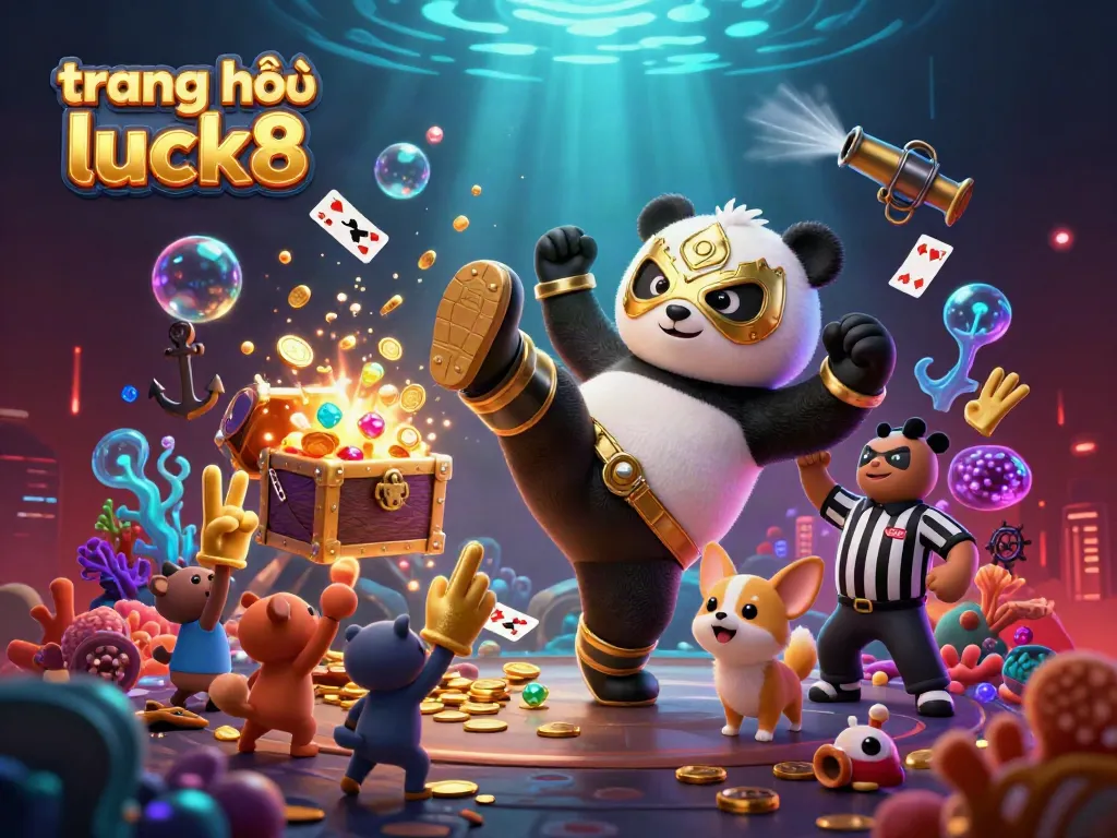 Immerse in the vibrant scene at trang chủ luck8 where panda wrestler and talkative chihuahua engage amid gold treasures and playful spectators.