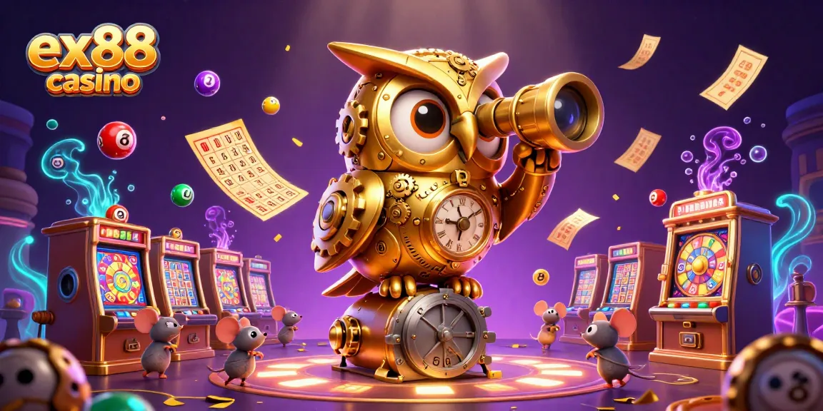 Experience the vibrant gaming atmosphere with ex88 casino, featuring an enchanting clockwork owl scanning the lively casino floor.