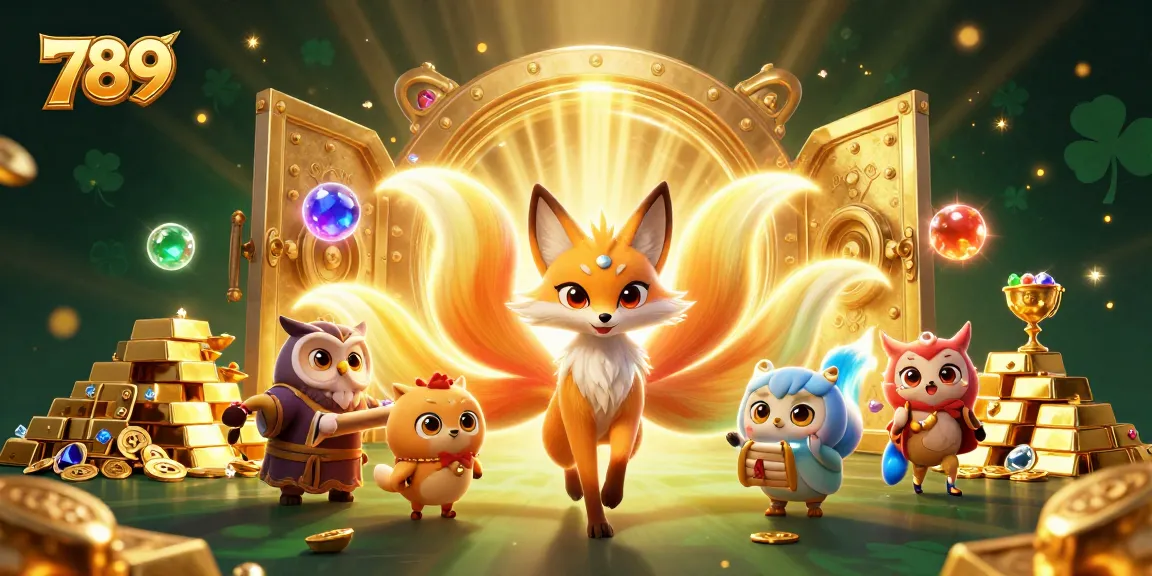 Experience thrilling games at 789, surrounded by mystical creatures and treasure in a vibrant casino scene.