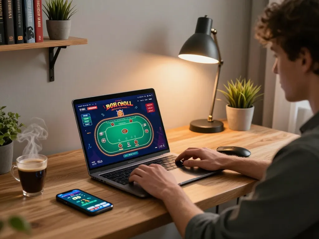 fun88s player experiencing online poker at home with laptop and smartphone