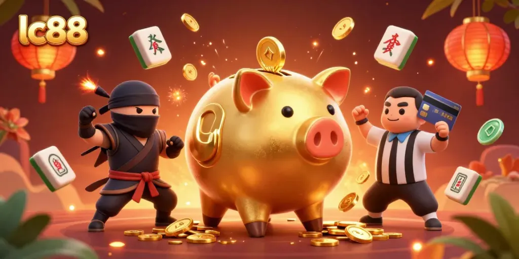 Experience thrilling gaming at lc88 with an action-packed 3D illustration of a lively scene featuring a golden piggy bank sumo wrestler.