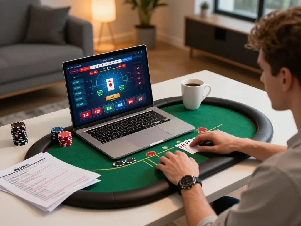 Engaging with cm88 poker gameplay on a laptop at home, showcasing strategic online gambling.