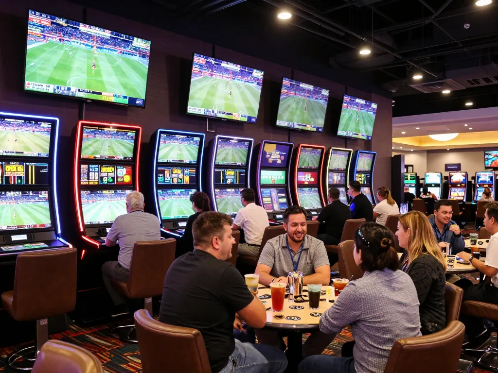 Betting enthusiasts engaging in live sports events at sin88's modern casino lounge