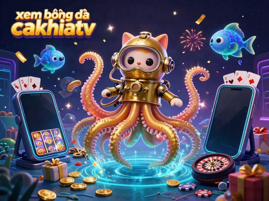 xem bóng đá cakhiatv featuring an action-packed 3D scene with a kraken, diving cat, slot games, and vibrant gameplay elements.