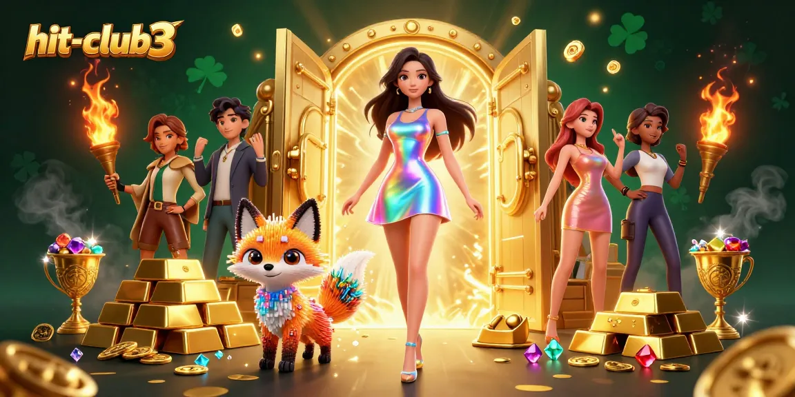 Experience the thrilling gaming atmosphere at hit-club3 with a dazzling 3D woman and colorful 3D fox amidst gold and jewels.