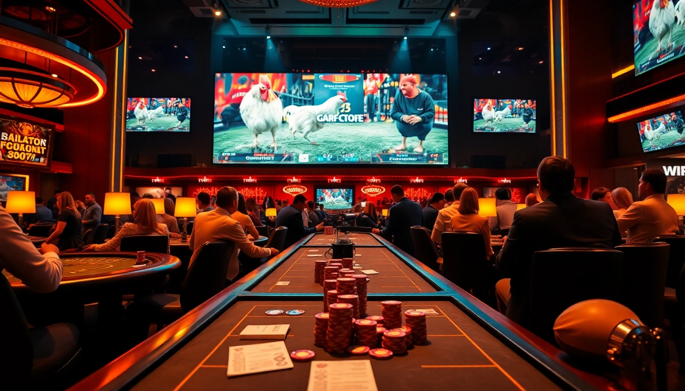 Experience đá gà trực tiếp with live betting excitement in a vibrant casino setting.