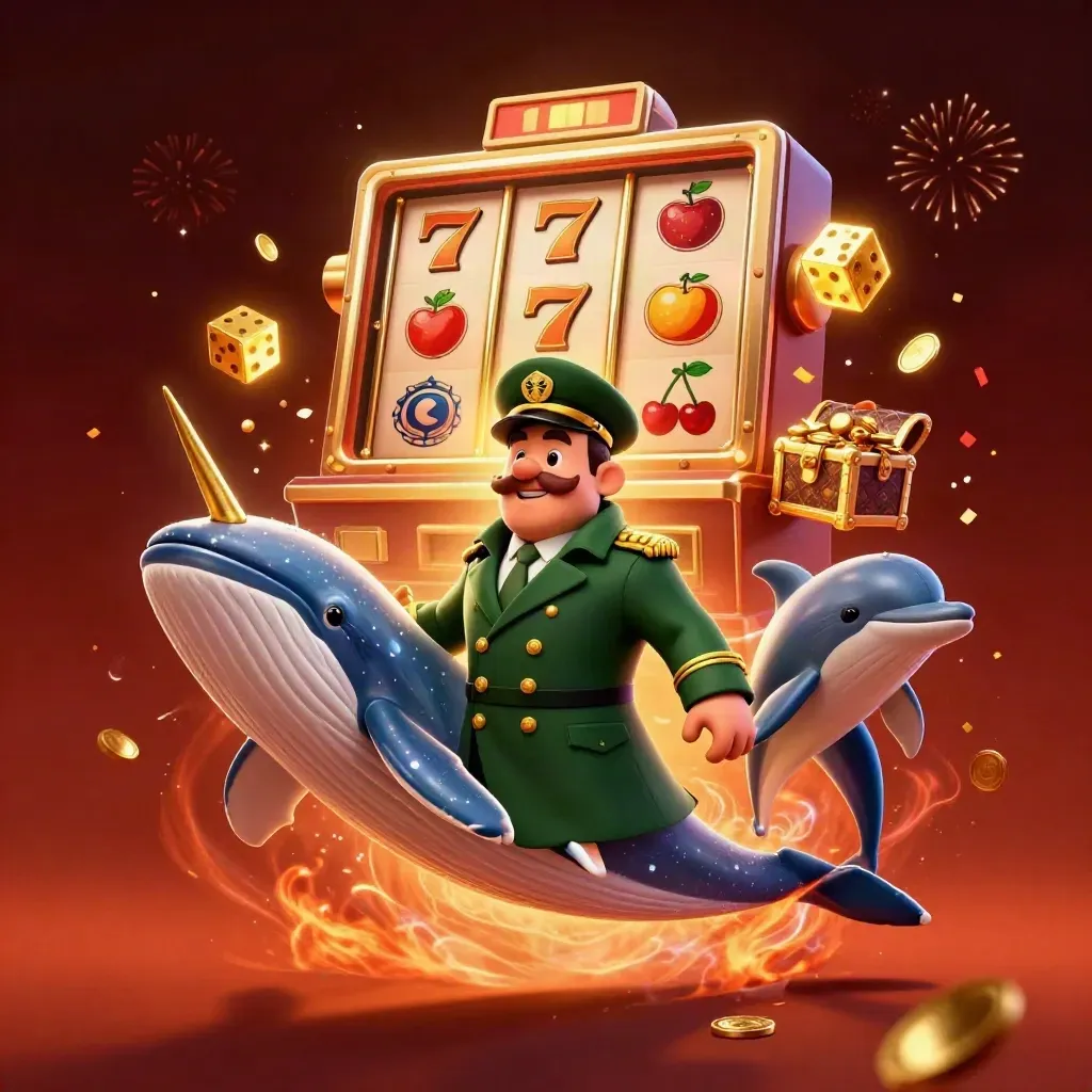 Jättelik kaptensval och narval med delfiner bland guld, slotljus och casino-gnistor.