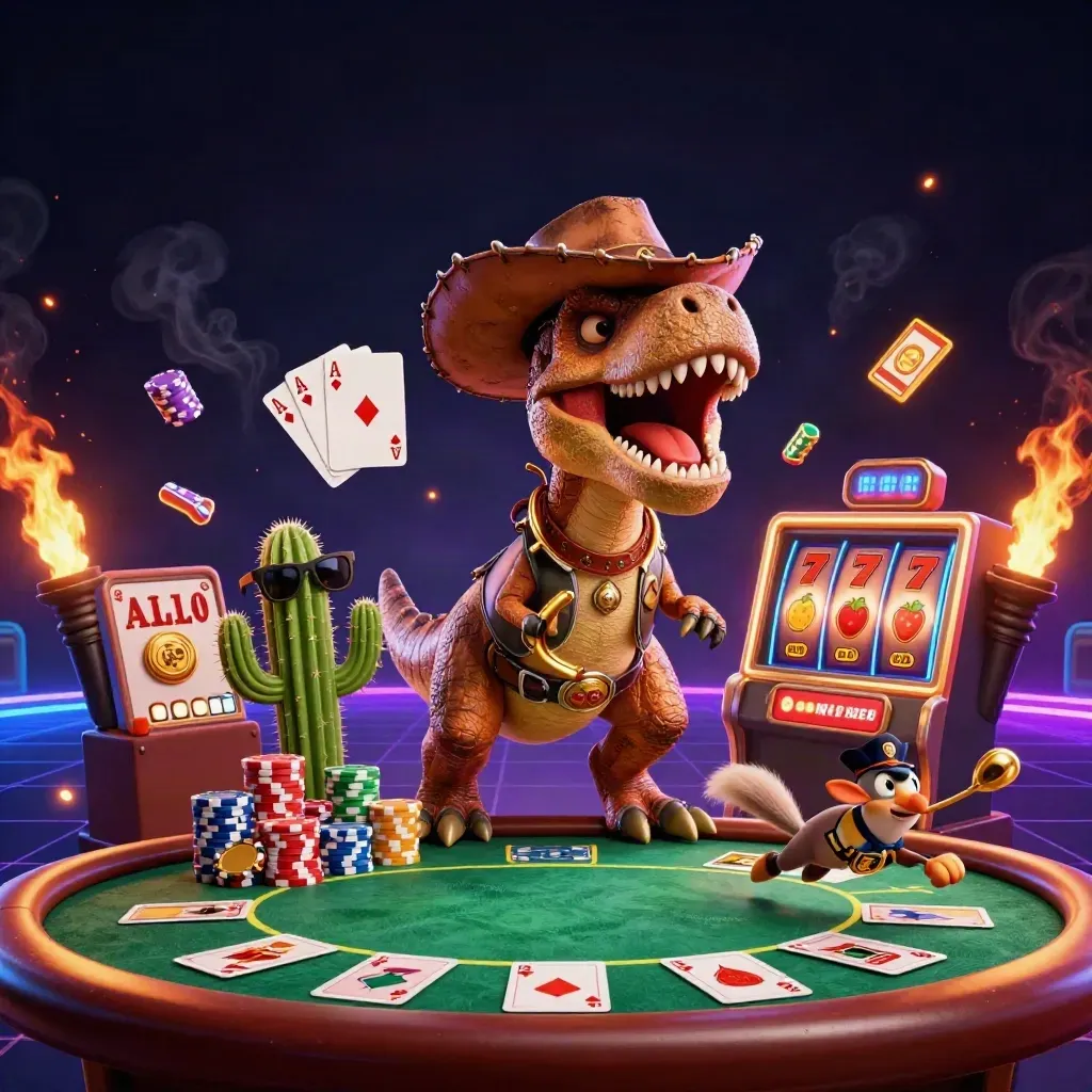3D cowboy T-rex med sidekick-kaktus och sheriff-roadrunner i ett neonbelyst casinokaos