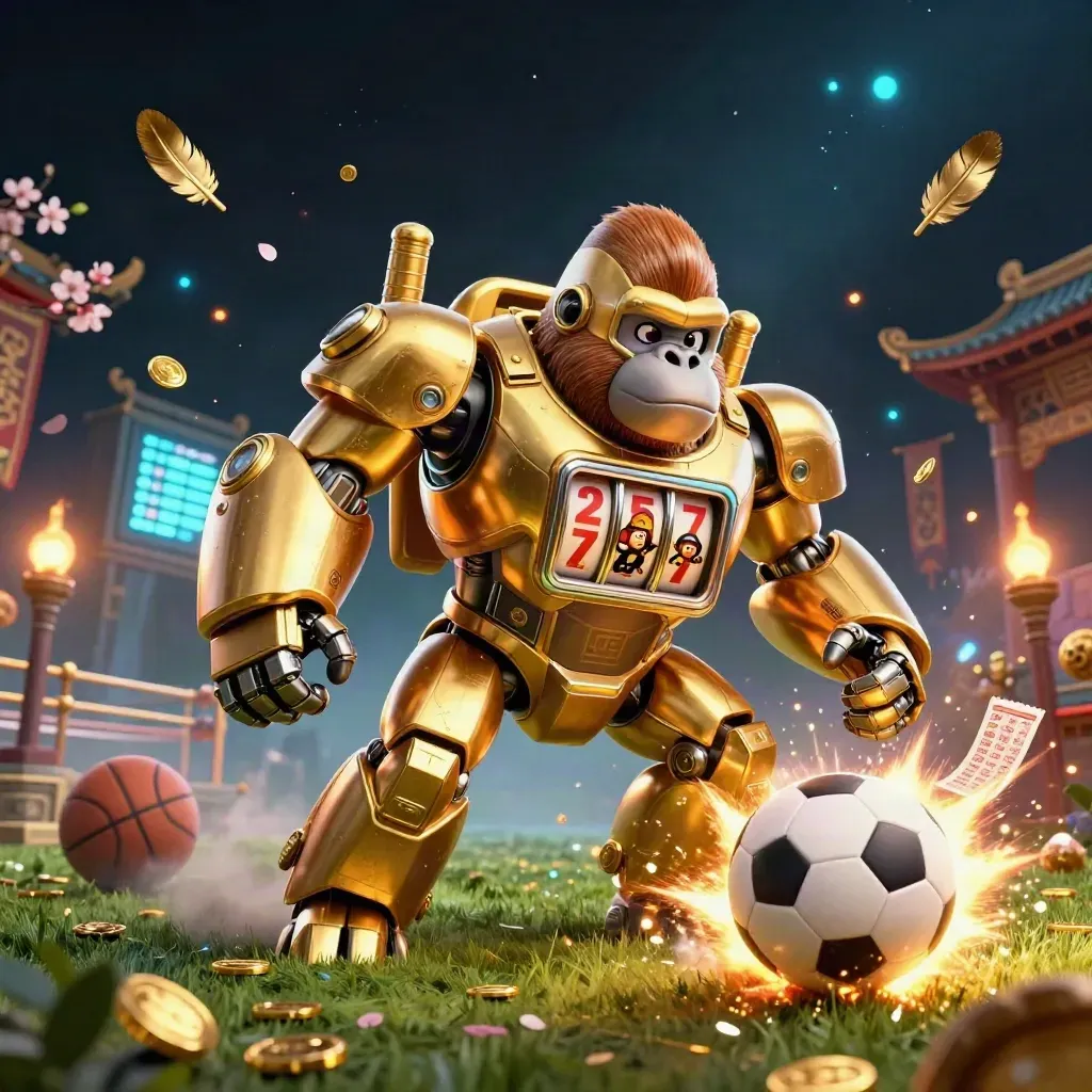 Guldig gorillamech och liten apa i storm av fotboll, ljus och casinolyx