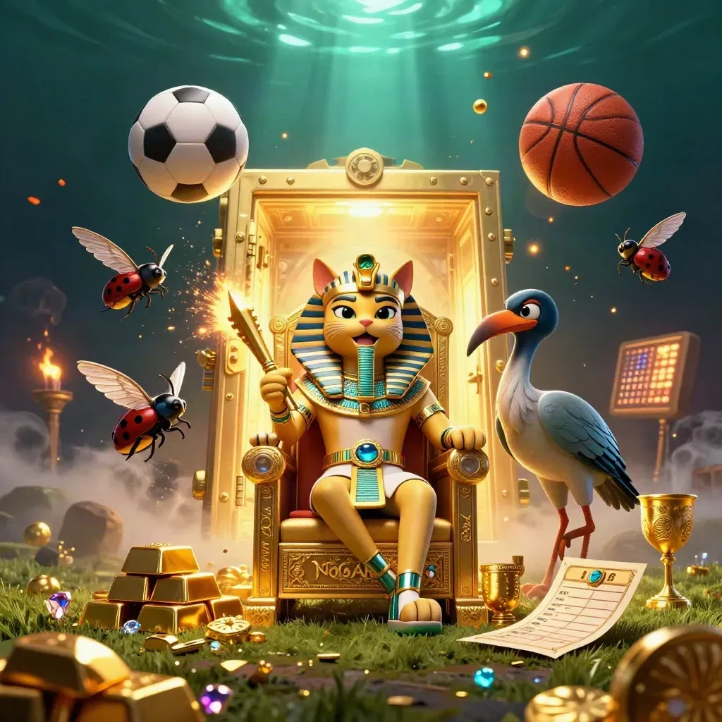 Pharaohkatt, ibis och skalbaggar bland guld, bollar och ljus i lyxig casinostil.