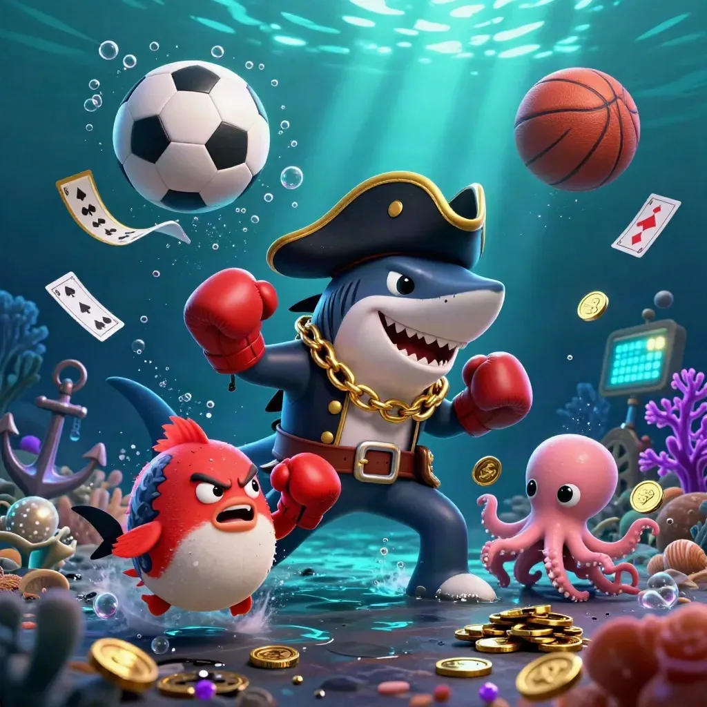 Piratshark, arg blåsfisk och bläckfisk i undervattenscasino med bollar, mynt och ljus.