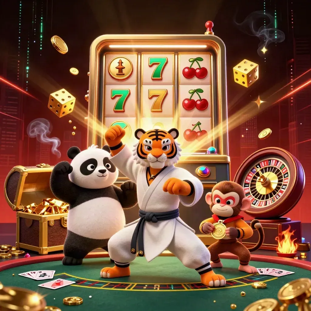 Tiger, panda och apa i ett lyxigt casino med slot, roulette och guldglöd.