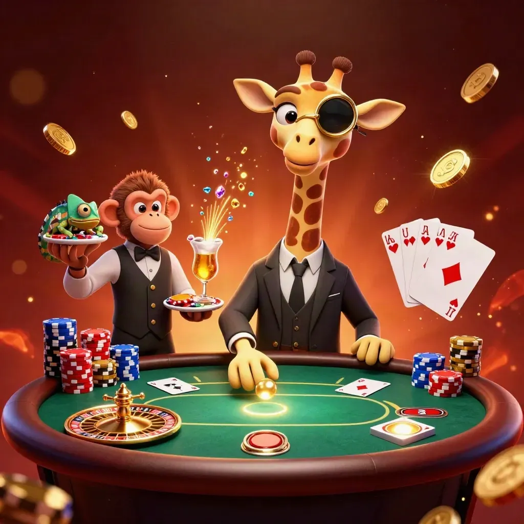 Giraff, apa och kameleont vid ett lyxigt casinobord med guld och rouletthjul.
