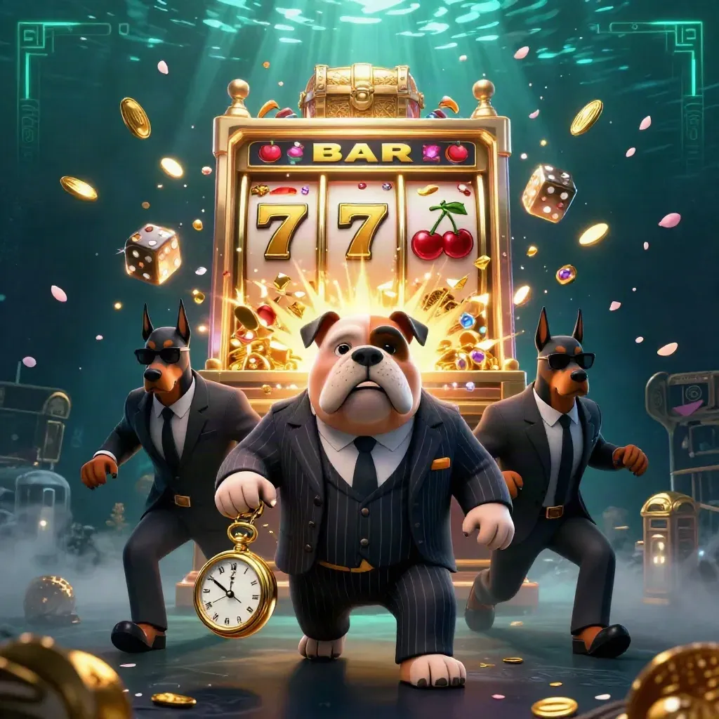 Maffig bulldog-maffiaboss med två dobermanns och jackpot-explosion i mörkgrön guldcasino-stil