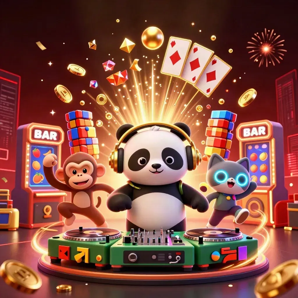 Panda-DJ, apa och katt i glamoröst casinokaos med mynt, hjul och fyrverkerier.