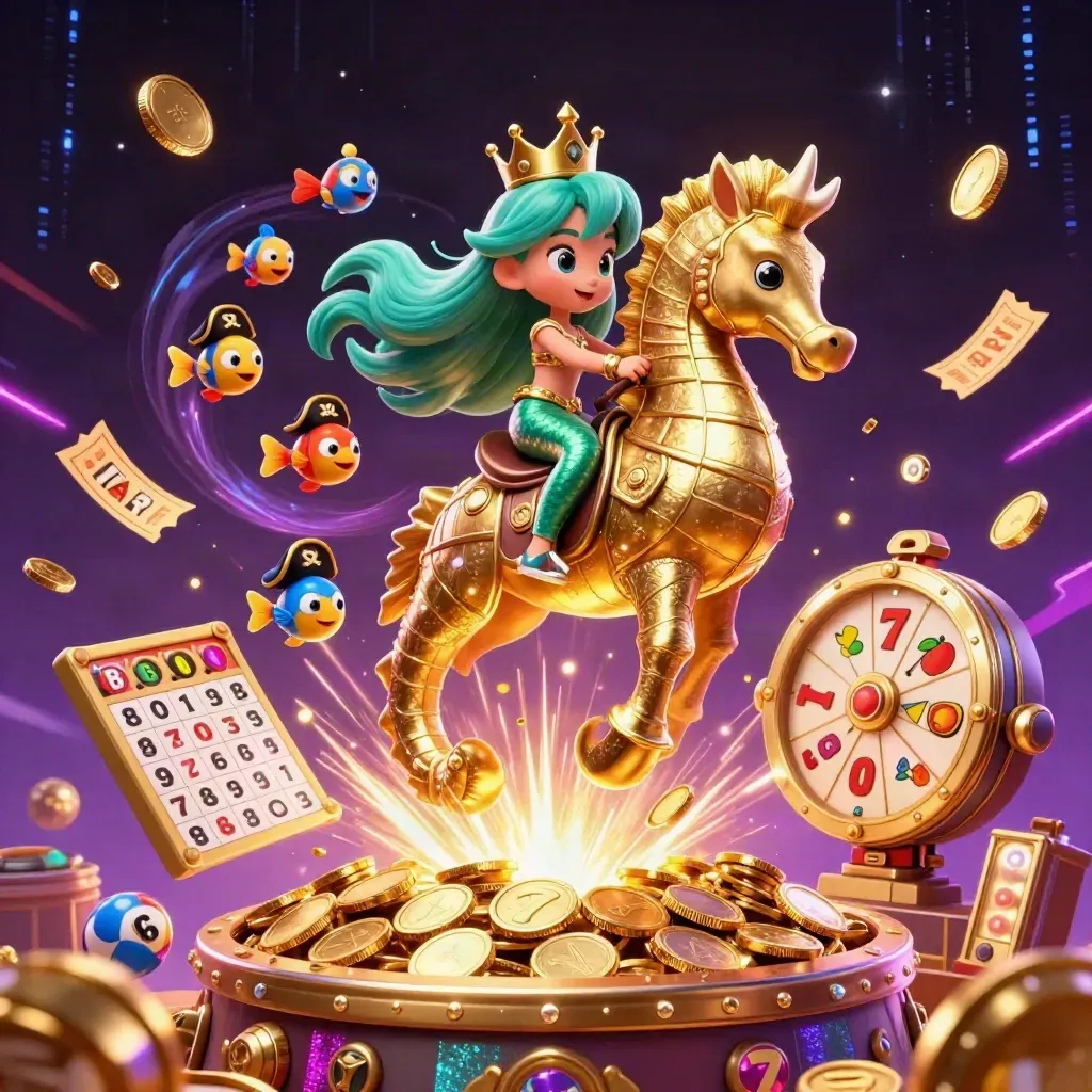 Sjöjungfru på sjöhäst bland mynt, bingosnurr och neon i mörk casino-stil