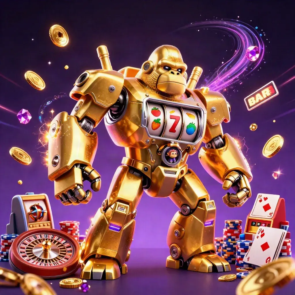 Golden gorillamech med liten apa i cockpit, omgiven av mynt, kort och roulettehjul i neon.