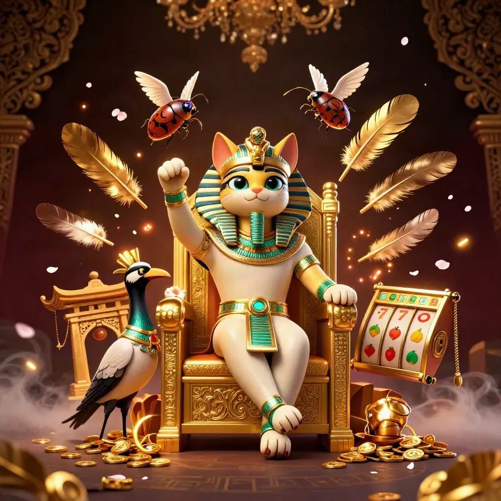Egyptisk kattfarao på tron med ibis-skrivare och skalbaggar i gyllene casinomagi