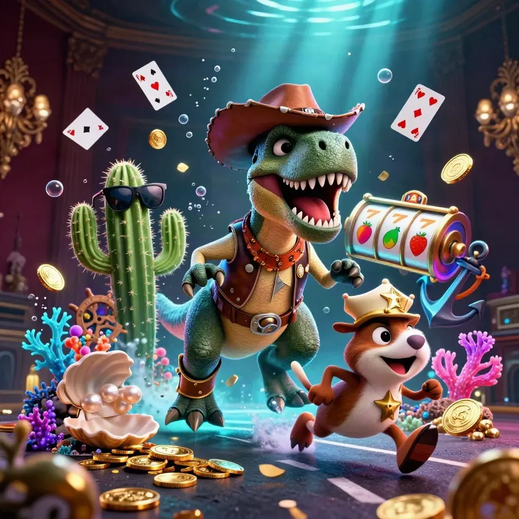 Cowboy-T-Rex, kaktus och väderfågel i undervattensskattkammare med guld och neon.