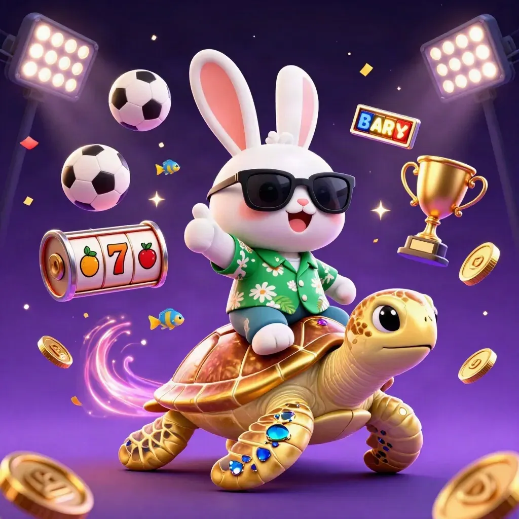 3D-kanin på gul sköldpadda med sportbollar, mynt, slotrullar och casinoeffekter i mörklila nattljus