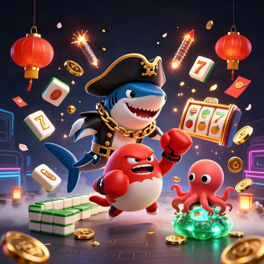 3D-sharkpirat, röd blåsfisk och babybläckfisk bland guldmynt och casinodetaljer