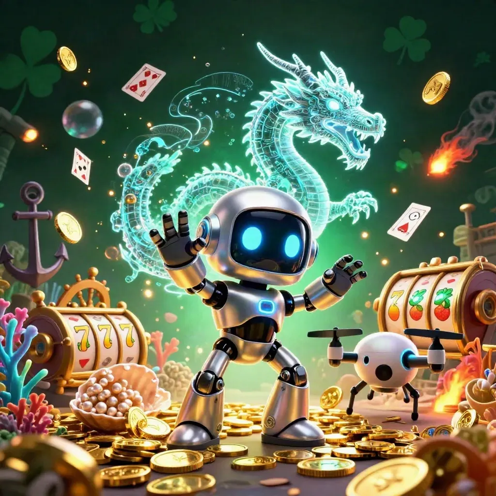 Robot, hologramdrake och drondrönare i guldglöd bland skatter i mörkgrön casinokänsla.