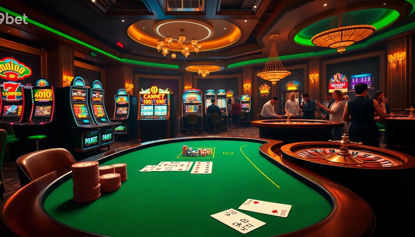 Experience the thrill of online gambling at https://9bet.living/ with an elegant casino scene featuring poker tables and slot machines.