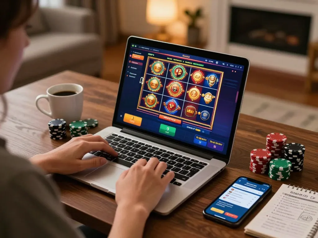 Engaging in online gaming at red88 with a laptop featuring vibrant slots, promoting responsible gambling.