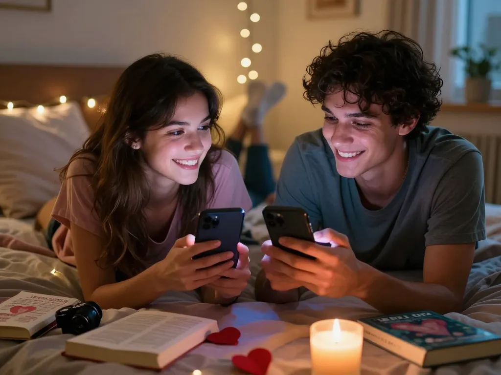 Couple flirtatiously sexting ai on smartphones in cozy bedroom.