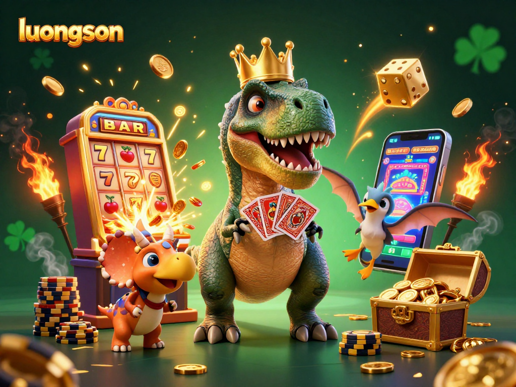Engage with exciting casino gaming on Luongson with a lively T-Rex dealer and vibrant slot machines.