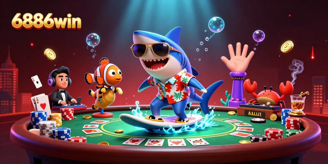 Experience the excitement of 6886win with a dynamic underwater casino scene featuring a hammer-head shark and friends.