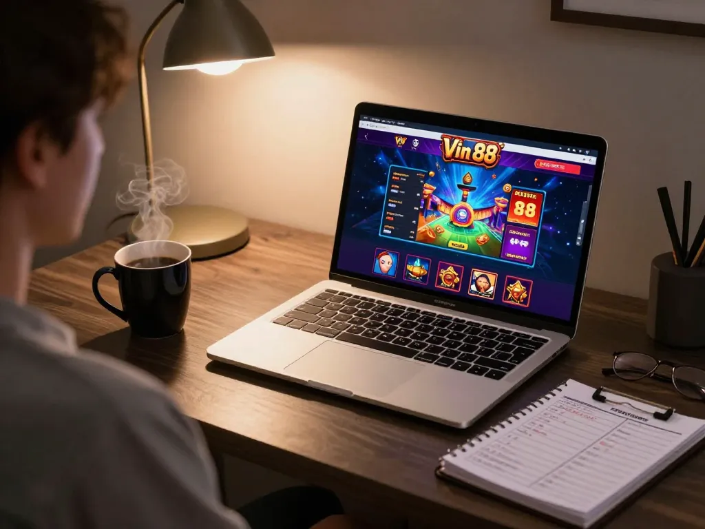 Engaging player enjoying Vin 88 online casino experience on a laptop, showcasing responsible gaming.